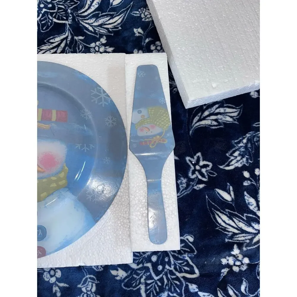 Vintage Snowman Christmas Holiday Glass Platter and Server set